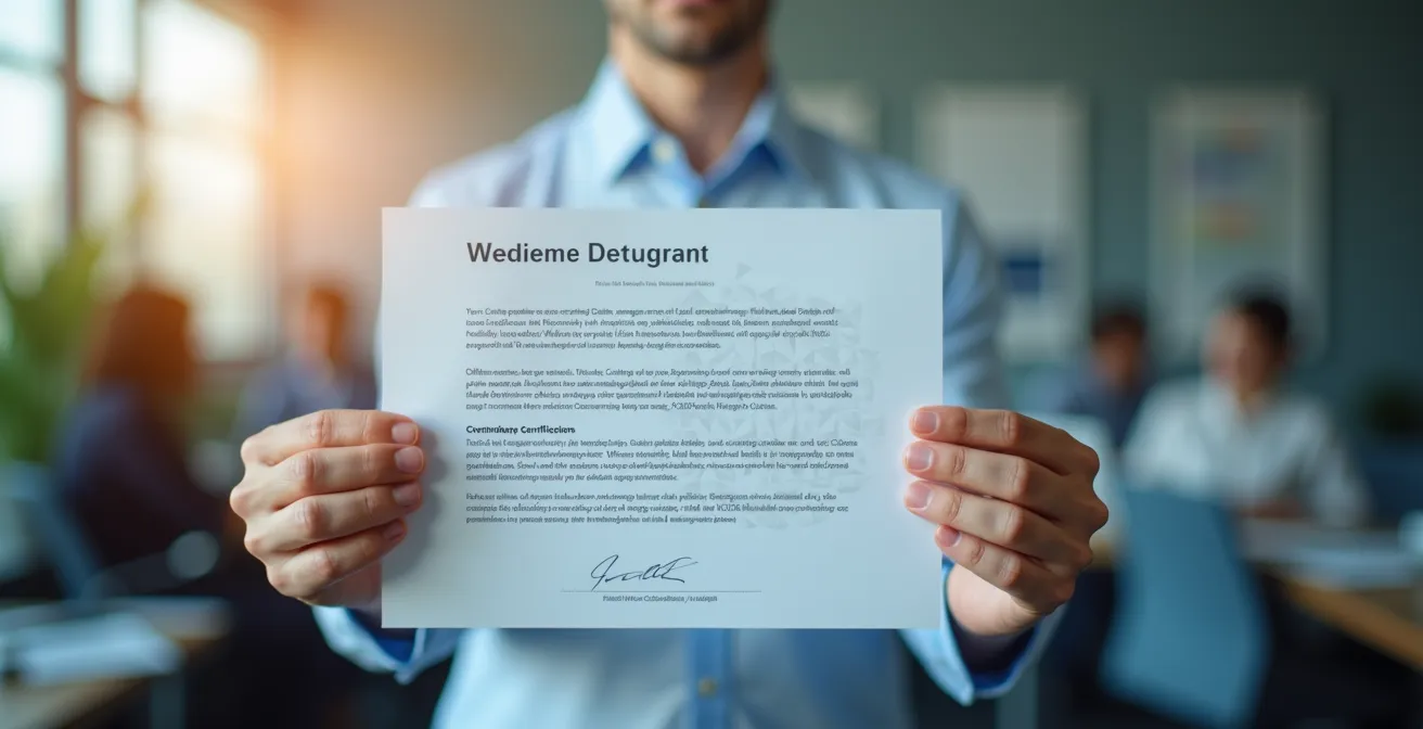 Manos de profesional sosteniendo documento certificación con sellos oficiales visibles de forma abstracta