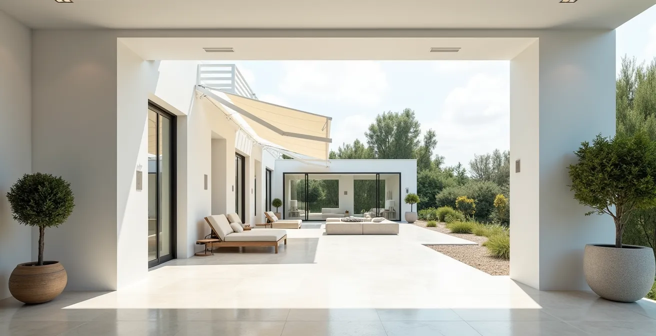 Interior de showroom moderno con toldos de aluminio desplegados en ambiente arquitectónico mediterráneo
