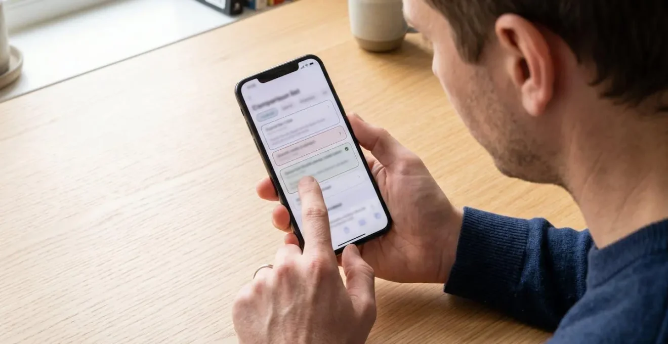 Primer plano de una mano sujetando un smartphone con pantalla completamente borrosa mostrando una interfaz de listado, dedo señalando un elemento, sobre mesa de madera clara