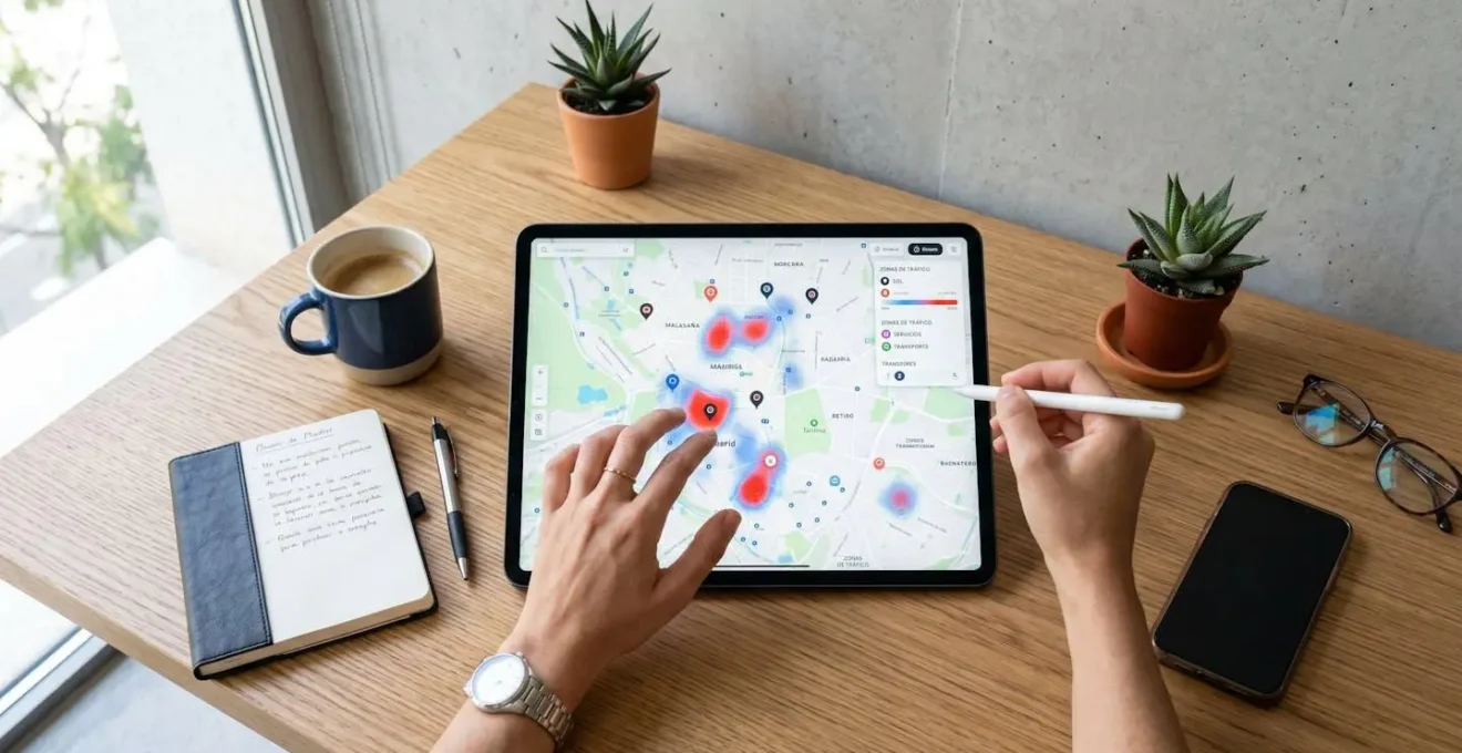 Vista cenital de manos consultando un tablet con un mapa urbano y capas de datos de localización superpuestas en un entorno de trabajo luminoso