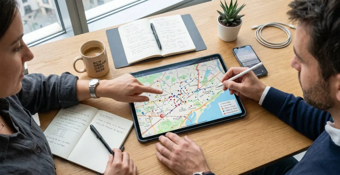 Vista cenital de manos consultando un tablet con un mapa urbano y capas de datos de localización superpuestas en un entorno de trabajo luminoso