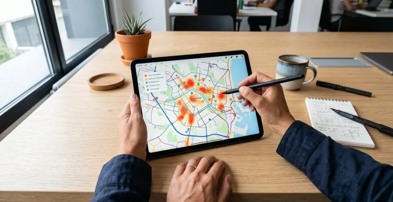 Vista cenital de manos consultando un tablet con un mapa urbano y capas de datos de localización superpuestas en un entorno de trabajo luminoso
