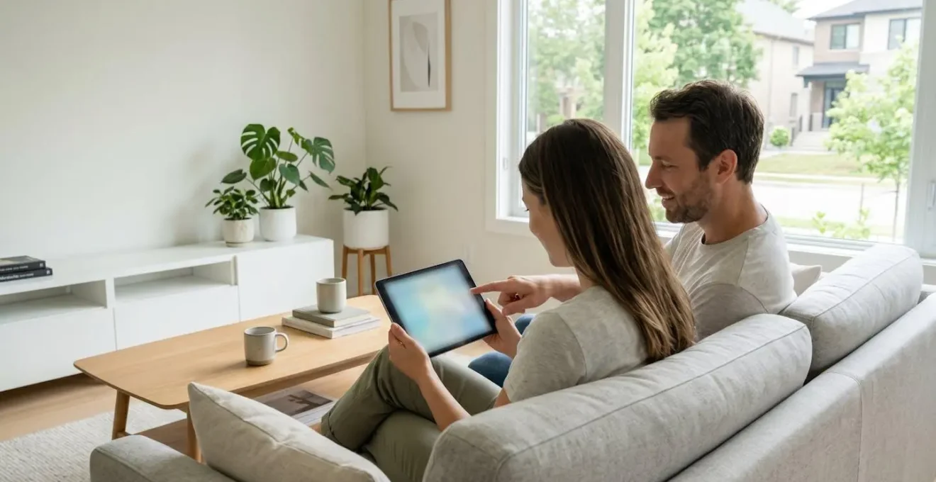 Una pareja de unos treinta años consulta información en una tablet sentados en un sofá luminoso de estilo contemporáneo