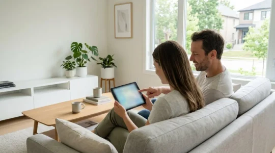 Una pareja de unos treinta años consulta información en una tablet sentados en un sofá luminoso de estilo contemporáneo