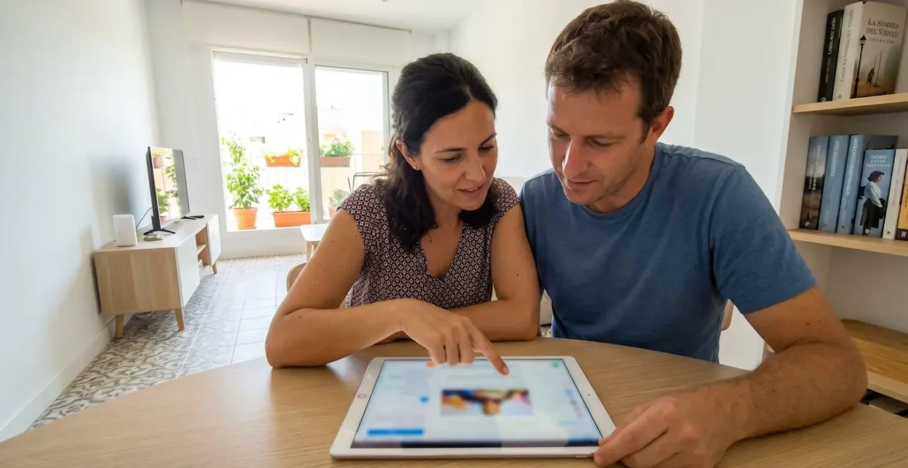 Pareja de mediana edad señalando juntos la pantalla de una tableta en un salón contemporáneo español con luz natural
