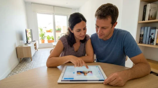 Pareja de mediana edad señalando juntos la pantalla de una tableta en un salón contemporáneo español con luz natural