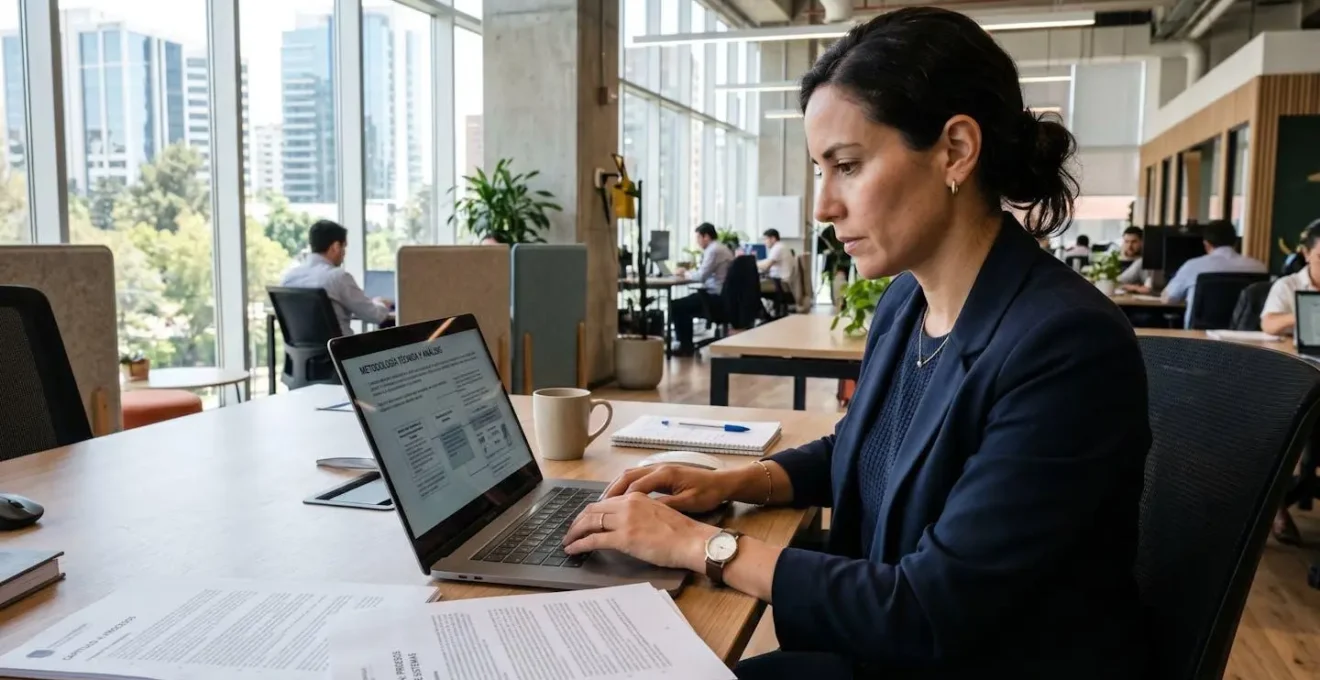 Persona trabajando en un portátil revisando documentación técnica sobre metodologías de valoración en una oficina contemporánea bien iluminada