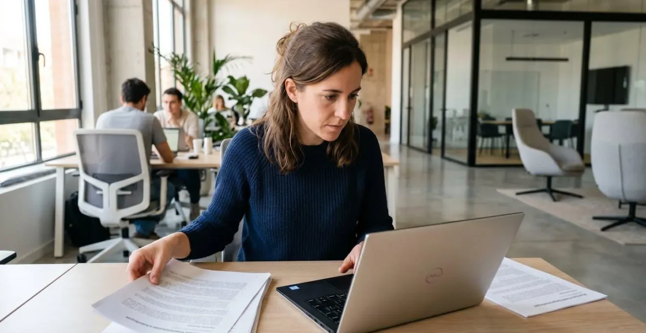 Persona trabajando en un portátil revisando documentación técnica sobre metodologías de valoración en una oficina contemporánea bien iluminada