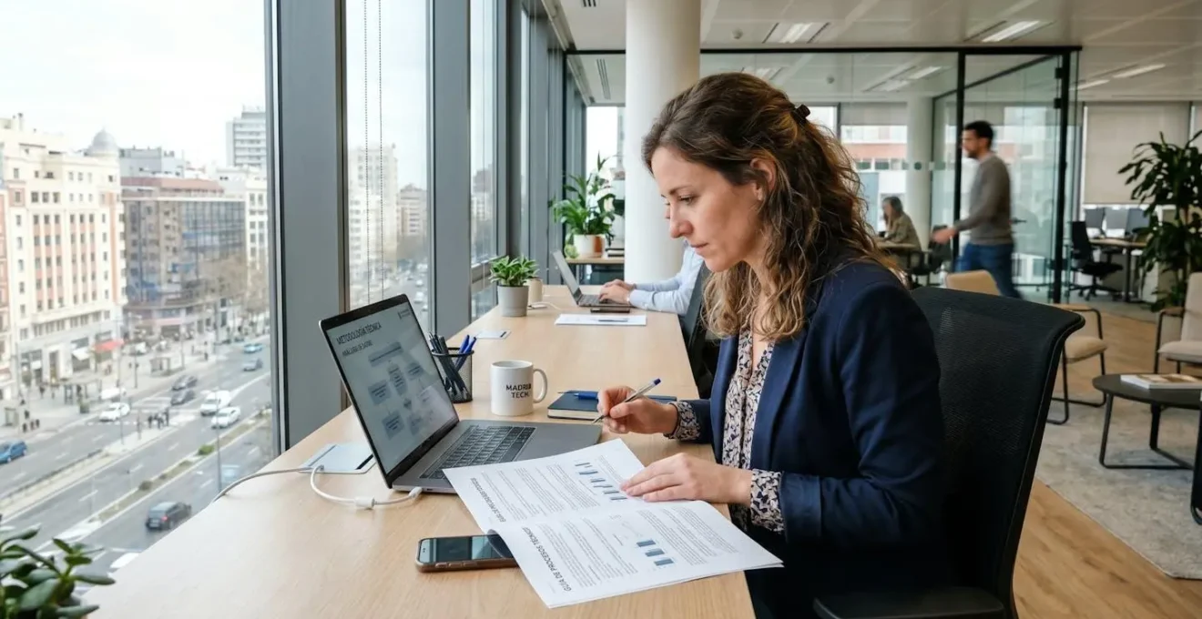 Persona trabajando en un portátil revisando documentación técnica sobre metodologías de valoración en una oficina contemporánea bien iluminada