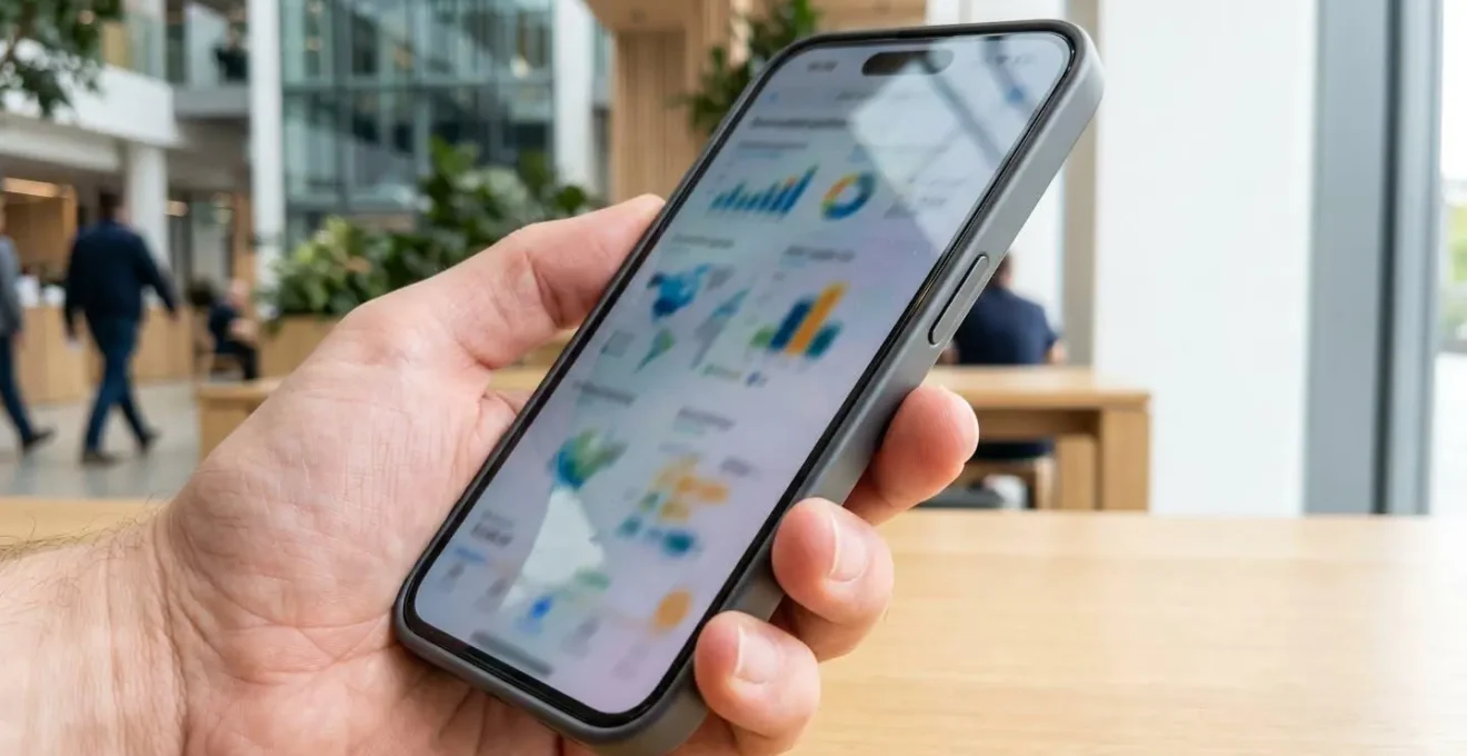 Primer plano de una mano sosteniendo un smartphone con la pantalla mostrando gráficos de datos inmobiliarios completamente difuminados