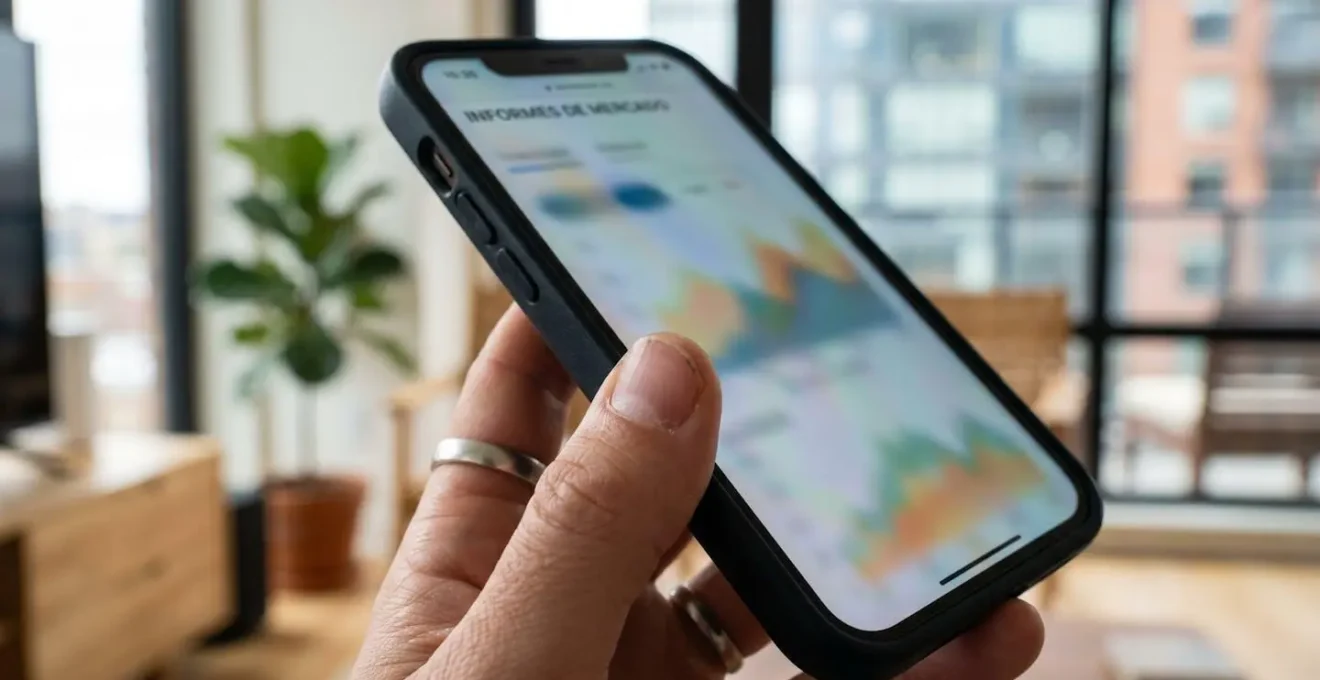 Primer plano de una mano sosteniendo un smartphone con la pantalla mostrando gráficos de datos inmobiliarios completamente difuminados