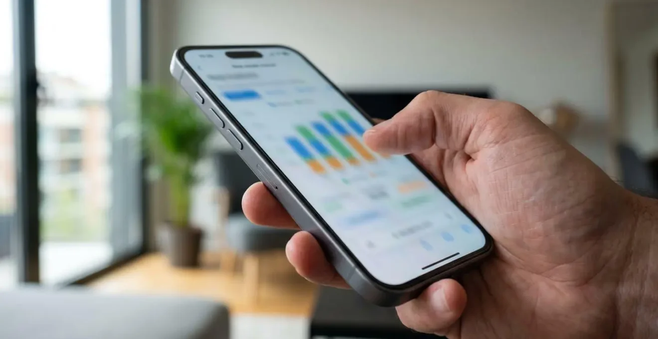Primer plano de una mano sosteniendo un smartphone con la pantalla mostrando gráficos de datos inmobiliarios completamente difuminados